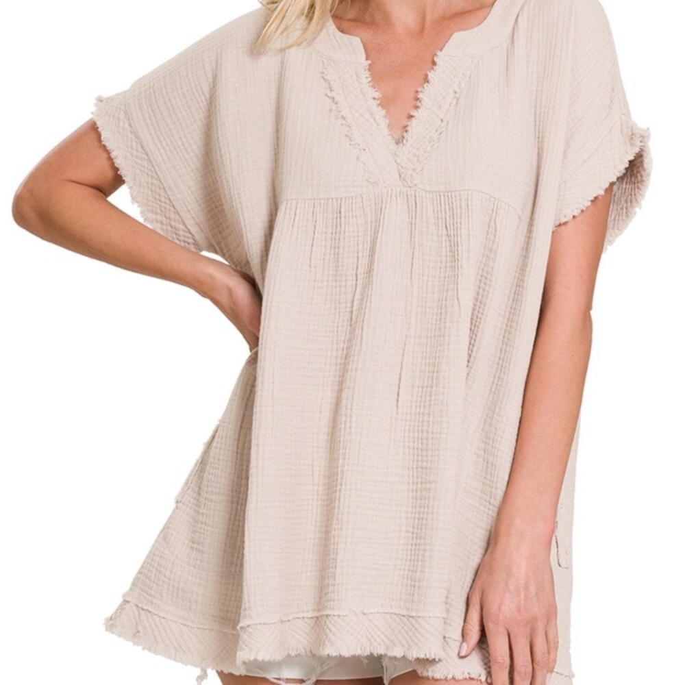 Zenana Gauze Top BONE NEW  gauzy cotton Short Sleeve
